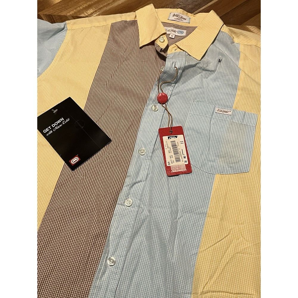 NWT VINTAGE Ecko Unltd Shirt Medium Color Block Plaid Short Sleeve New Old Stock